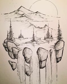 an ink drawing of mountains and trees in the background, with water flowing from them