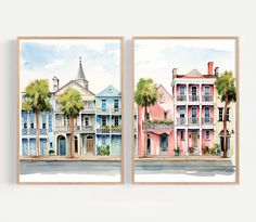 two paintings of buildings with palm trees in the foreground