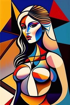 an abstract painting of a woman with large breast and colorful geometric shapes in the background