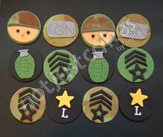 decorated cookies in the shape of army uniforms