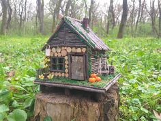 a small log house sitting on top of a tree stump