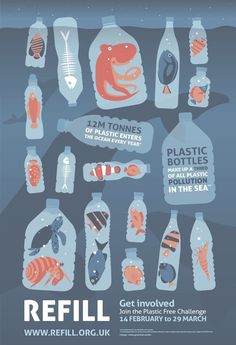 a poster with different types of fish and sea creatures in bottles on the bottom right hand corner