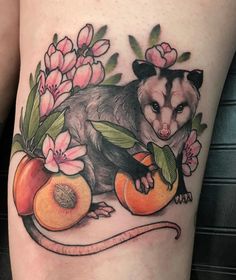 an animal with flowers and fruit on its leg