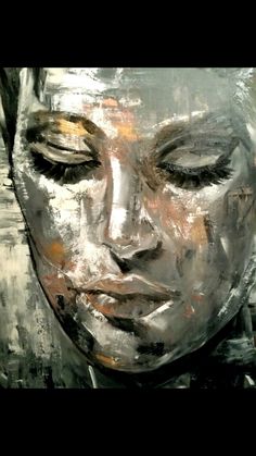 an abstract painting of a woman's face with eyes closed and her head tilted to the side