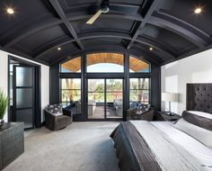 a large bedroom with black and white decor