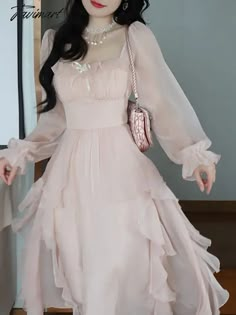 TAVIMART - Summer Pink Chiffon Vintage Fairy Dress Women Korean Style Elegant Party Midi Dress Female Court Retro Flare Sleeve Dresses Note: The size of the product is measured by hand, and the presence of an error of 1-3cm belongs to the normal range and is not used as a standard for return S Bust 82cm Shoulder 32cm Length 115cm Waist 70cm Sleeve 60cm M Bust 86cm Shoulder 33cm Length 116cm Waist 74cm Sleeve 61cm L Bust 90cm Shoulder 34cm Length 117cm Waist 78cm Sleeve 62cm XL Bust 94cm Shoulder Vintage Fairy Dress, Fairy Dress Women, Pastel Pink Dress, Asian Style Dress, Party Midi Dress, Pink Long Dress, Flare Sleeve Dress, Vintage Fairy, Ruffles Fashion