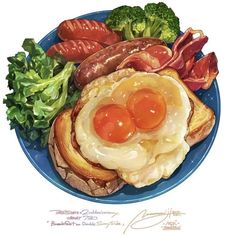 a blue plate topped with eggs, bacon and broccoli