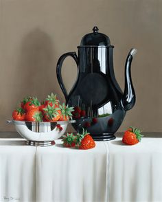 a painting of strawberries and a teapot on a table