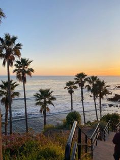 the sun is setting over the ocean with palm trees and stairs leading to the beach