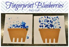 two paper blueberries in a flower pot on white cards with text that reads, fingerprint blueberries kids craft