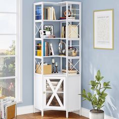 a white bookcase with many books on it and a potted plant in the corner