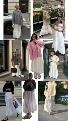 White Maxi Dress Street Style, Long Dresses Casual Winter Maxi Skirts Fall Outfits, How To Style A White Maxi Skirt, Long Skirt Fall Outfits, Long White Lace Skirt, Scotland Clothes, Layered Skirt Outfit, Skirt Layering, Cute Mini Skirt Outfits