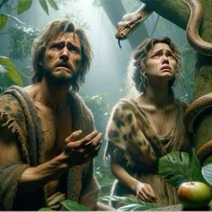 two people in the jungle with a snake on their shoulder and an apple next to them