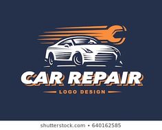 car repair logo design with wrench on dark blue background, suitable for use as emblem or badge