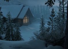 a cabin in the woods is lit up at night with snow on the ground and trees around it