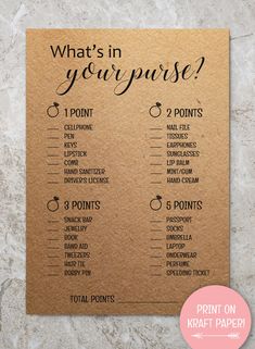 what's in your purse? printable price list on brown paper with black ink