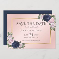 save the date card with pink and blue flowers