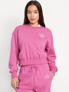 crew neck drop-shoulder sleeves rib-knit trim pullover style relaxed fit hits at waist models are approx.  5'9" and wear sizes s (4), l (12) and xl (18)machine wash according to the care instruction label  . Best Holiday gift for Women , perfect Sweatshirts for Christmas! Pink Fleece Comfortable Sweatshirt, Pink Relaxed Fit Sportswear Sweatshirt, Pink Relaxed Fit Fun Sweatshirt, Pink Relaxed Fit Short-sleeved Sweatshirt, Pink Crew Neck Soft-washed Sweatshirt, Family Pajamas, Old Navy Women, Pink Sweatshirt, Family Maternity