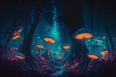 a group of mushrooms in the middle of a forest at night with bright lights on them