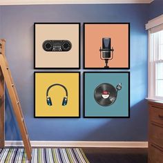 there are four pictures on the wall with headphones and microphones in them,