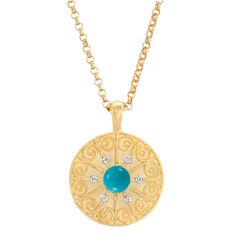 This gold medallion captures the romance and old-world charm of a tiny Spanish hill town in La Rioja, Spain. It features a turquois cabachon surrounded by six diamonds. Each medallion necklace is made from recycled gold and is hand finished. Luxury Cabochon Medallion Necklace, Heirloom Style Cabochon Necklace With Round Pendant, Heirloom Necklace With Round Cabochon Pendant, Heirloom Style Cabochon Round Pendant Necklace, Gold Diamond Necklace With Cabochon, Heirloom Style Round Cabochon Pendant Necklace, Yellow Gold Cabochon Amulet Jewelry, Yellow Gold Cabochon Medallion Jewelry, Yellow Gold Amulet Jewelry With Cabochon