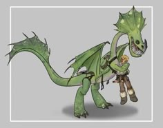 a green dragon with a man standing next to it