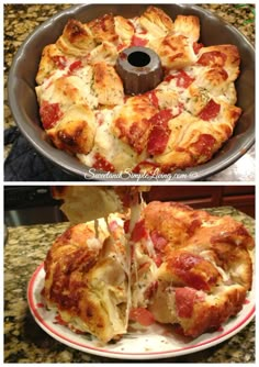 the pizza is being cut into slices and placed in a pan