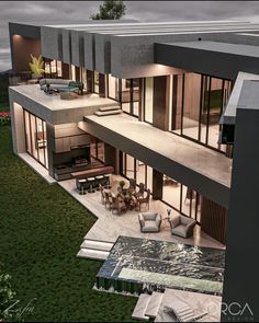 an artist's rendering of a modern house in the evening