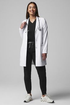 Axis Long Lab Coat Fabletics Classic White female Activewear >> Scrubs >> Lab Coats regular Anti-Static Lab Coat Photoshoot, Medic Clothes, Doctor Outfit Women White Coat, White Coat Outfit Medical, Lab Coat Outfit, Lab Coat Aesthetic, White Coat Medical, Pa Aesthetic, Lab Outfit