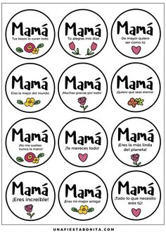 stickers with the words mama in spanish and english, on top of each other