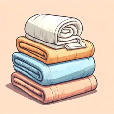 a stack of folded towels sitting on top of each other in different colors and sizes