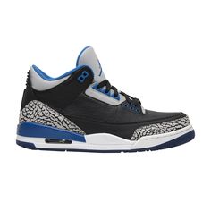 Find JORDAN 3 Retro 'sport Blue on Editorialist. In 2014 Jordan Brand dropped the Air Jordan 3 ‘Sport Blue’ sneaker, a riff on the Air Jordan 3 ‘Black Cement’ OG. The sneaker mixes the classic black tumbled leather upper and grey elephant print with bright blue accents on the eyestay, inner lining, tongue and heel branding. True OG branding returns with this retro, as it features the Jumpman logo on the tongue and Nike Air branding on the heel. The shoe was released alongside the Air Jordan 6 ‘Sport Blue.’ Blue Basketball Shoes With Speckled Midsole For Sports, Air Jordan 4 High-top With Speckled Midsole For Sports, Air Jordan 4 With Speckled Midsole For Sports, Sporty Air Jordan 4 With Speckled Midsole For Sports, Air Jordan 4 High-top With Speckled Midsole, Air Jordan 4 High-top Sporty Sneakers With Speckled Midsole, Sporty Air Jordan 4 High-top With Speckled Midsole, Air Jordan 4 Low-top With Speckled Midsole For Sports, Jordan 3 Black