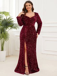 This shiny evening dress is made with paillettes. It has been designed with long sleeves, a thigh-high split, sweetheart neckline, and a fishtail silhouette. Fit: Please refer to Size Chart. Closure: It is Concealed a Zipper Up The Back. Undergarments: It is Not Padded, with Lining. Fabric: The garment comprises Polyester. Stretch: Fabric is No Stretch. Glamorous Evening Dresses, Bodycon Evening Dress, Plus Size Party Dresses, Sequin Prom Dress, Ever Pretty, Evening Dresses Plus Size, Custom Size Dresses, Long Sleeve Sequin, Red Carpet Dresses