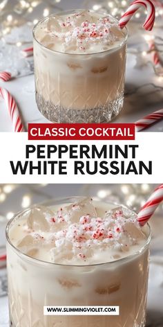 two glasses filled with peppermint white russian cocktails and topped with candy canes