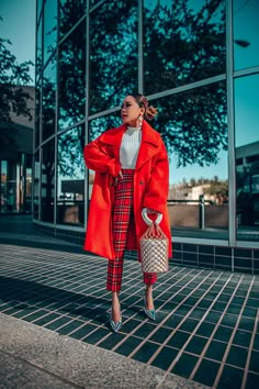 Crazy Winter Outfits, Red Shirt Winter Outfit, Winter Outfits Bright Colors, Colourful Professional Outfit, Coat Red Outfit, How To Style Red Pants, Red Coat Outfit Winter Classy, Red Outfit Women, Colourful Winter Outfits