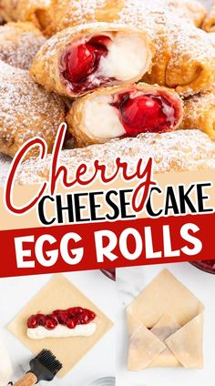 cherry cheesecake egg rolls with powdered sugar and cherries on top are shown