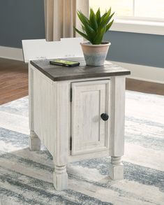 a potted plant sitting on top of a wooden table next to a rug and window