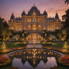 a large building with lots of windows and lights on it's front lawn at night