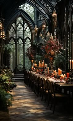 a long table with many candles on it in front of a large glass window filled with plants