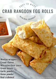 crab rangoon egg rolls on a plate with dipping sauce in the background and text overlay