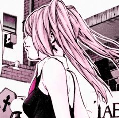 a drawing of a girl with long hair walking down the street in front of a building