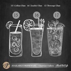 three different types of drinks on a chalkboard with the names and numbers below them