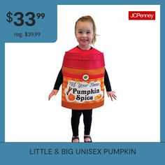 Put some fall spice in your little one's life! It's a call to fall and nothing says it better than the Pumpkin Spice Seasoning Child Costume! This costume includes a foam tunic that is printed on the front only. Fits most children size upto 7-10.Base Material: 100% PolyesterCare: Hand WashCountry of Origin: Imported Pumpkin Spice Seasoning, Fall Spices, Baby Halloween Costumes, Baby Costumes, One Life, Kids Costumes, Color Orange, Pumpkin Spice, Halloween Costumes