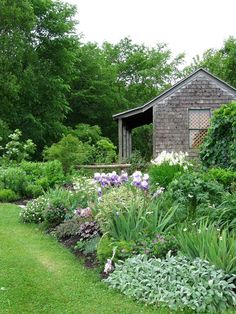 a garden filled with lots of different types of flowers and plants next to a building