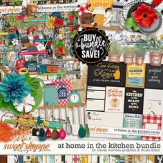 a bunch of items that are on top of each other with the words at home in the kitchen bundle