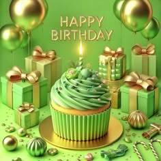 a cupcake with green frosting surrounded by presents and gold foil balloons, on a green background