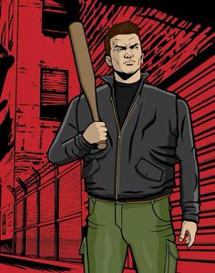 a man holding a baseball bat standing in front of a building