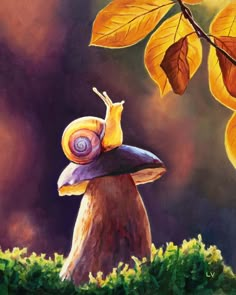 a painting of a snail sitting on top of a mushroom