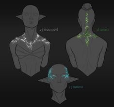 three different views of the head and shoulders of an alien man with glowing green eyes