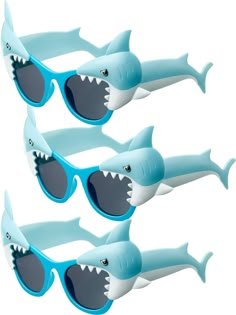 three blue sunglasses with sharks on them, one wearing shades and the other wearing shark glasses